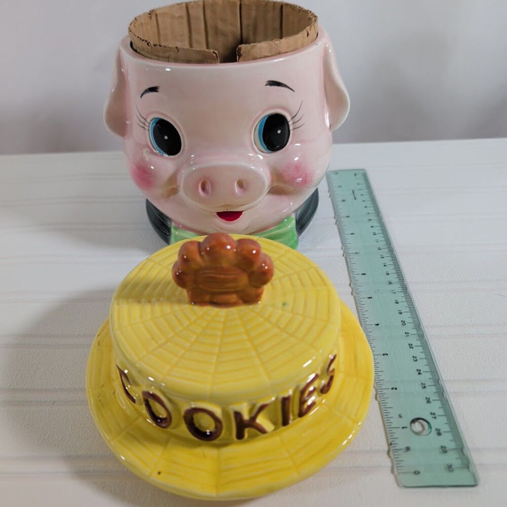 Vintage Brinn’s Japan Pig Cookie Jar Yellow Straw COOKIES Straw Hat Rare
